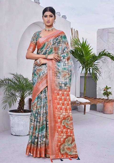 Green Abstract Print Linen Saree Set