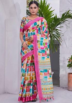 Multicolor Abstract Print Linen Saree Set