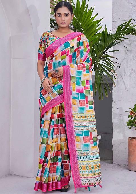 Multicolor Abstract Print Linen Saree Set