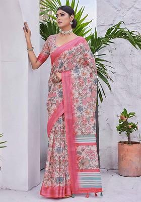 Rust Abstract Print Linen Saree Set