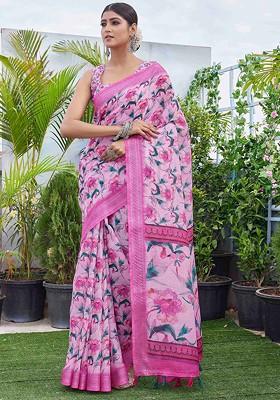 Pink Abstract Print Linen Saree Set