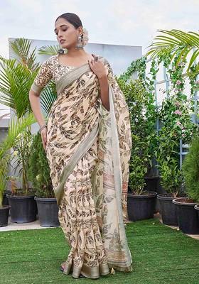 Cream Abstract Print Linen Saree Set