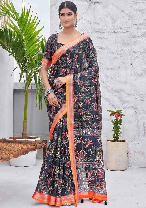 Black Abstract Print Linen Saree Set