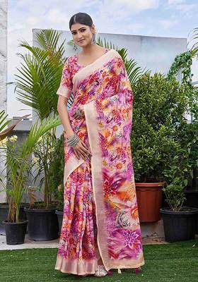 Purple Abstract Print Linen Saree Set