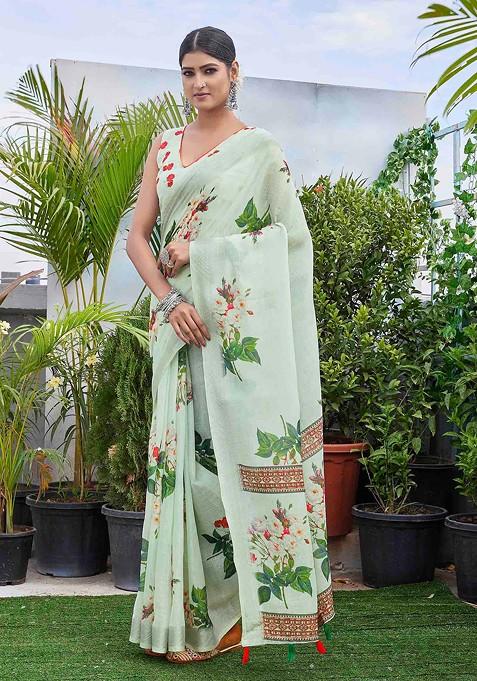 Sea Green Abstract Print Linen Saree Set