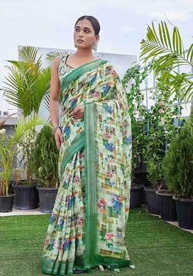 Sea Green Abstract Print Linen Saree Set