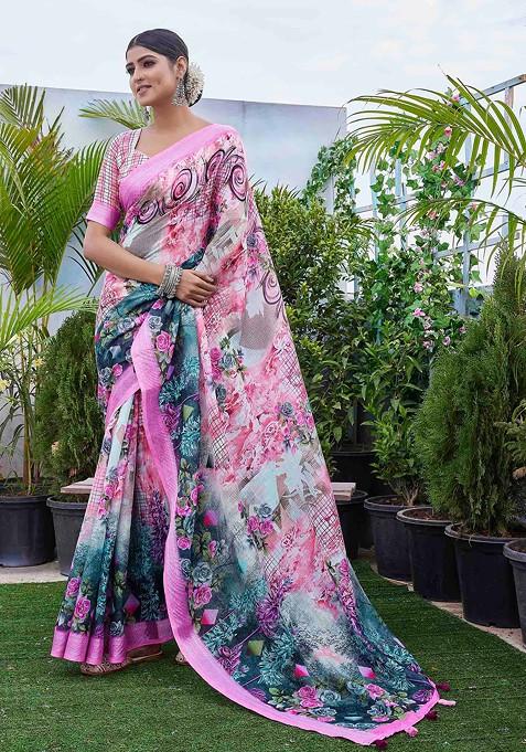 Pink Abstract Print Linen Saree Set