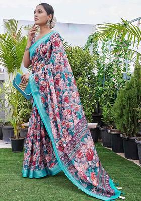 Sea Green Abstract Print Linen Saree Set