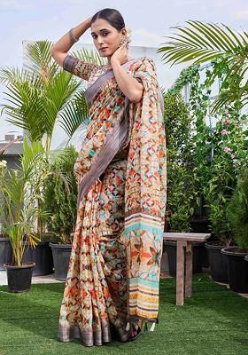 Mustard Abstract Print Linen Saree Set