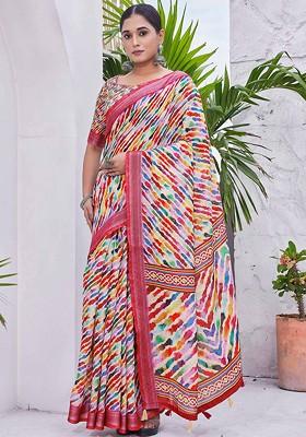 Multicolor Abstract Print Linen Saree Set