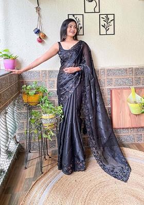 Black Resham Embroidered Art Silk Saree Set