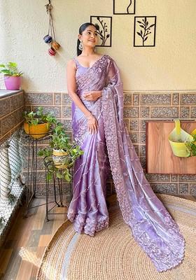 Lavender Resham Embroidered Art Silk Saree Set