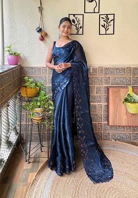 Green Resham Embroidered Art Silk Saree Set