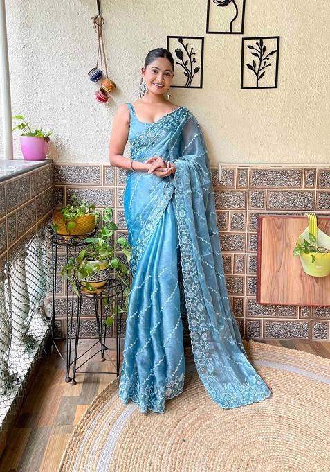 Sky Blue Resham Embroidered Art Silk Saree Set