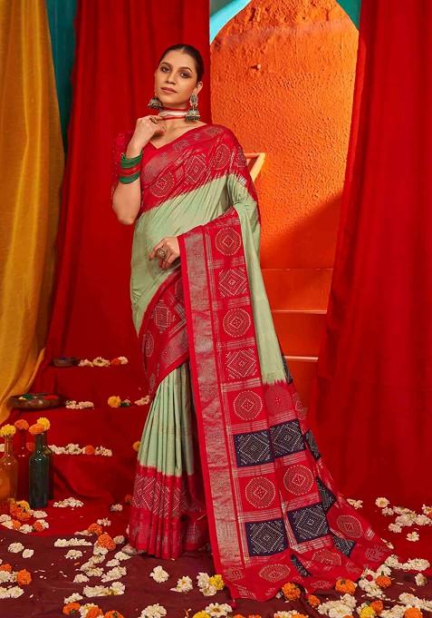 Olive Abstract Print Silk Saree Set