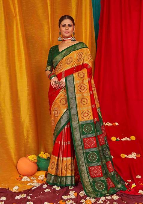 Mustard Abstract Print Silk Saree Set