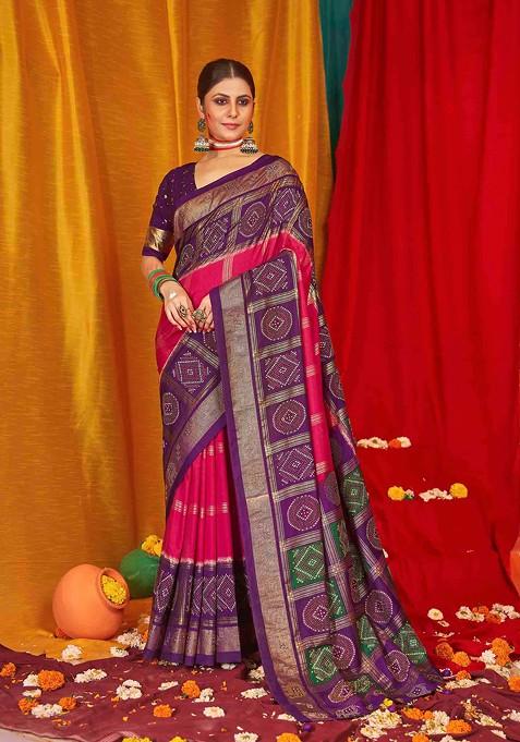 Purple Abstract Print Silk Saree Set