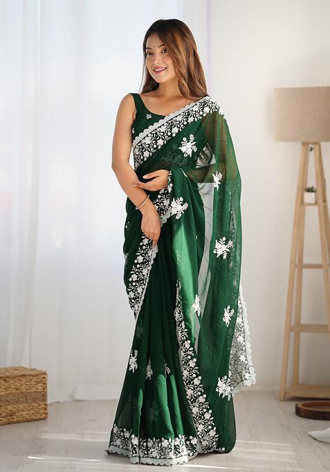 Green Sequin Embroidered Georgette Saree Set