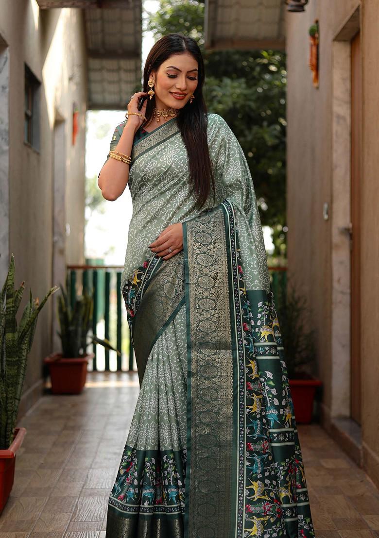 Green Abstract Print Art Silk Saree Set