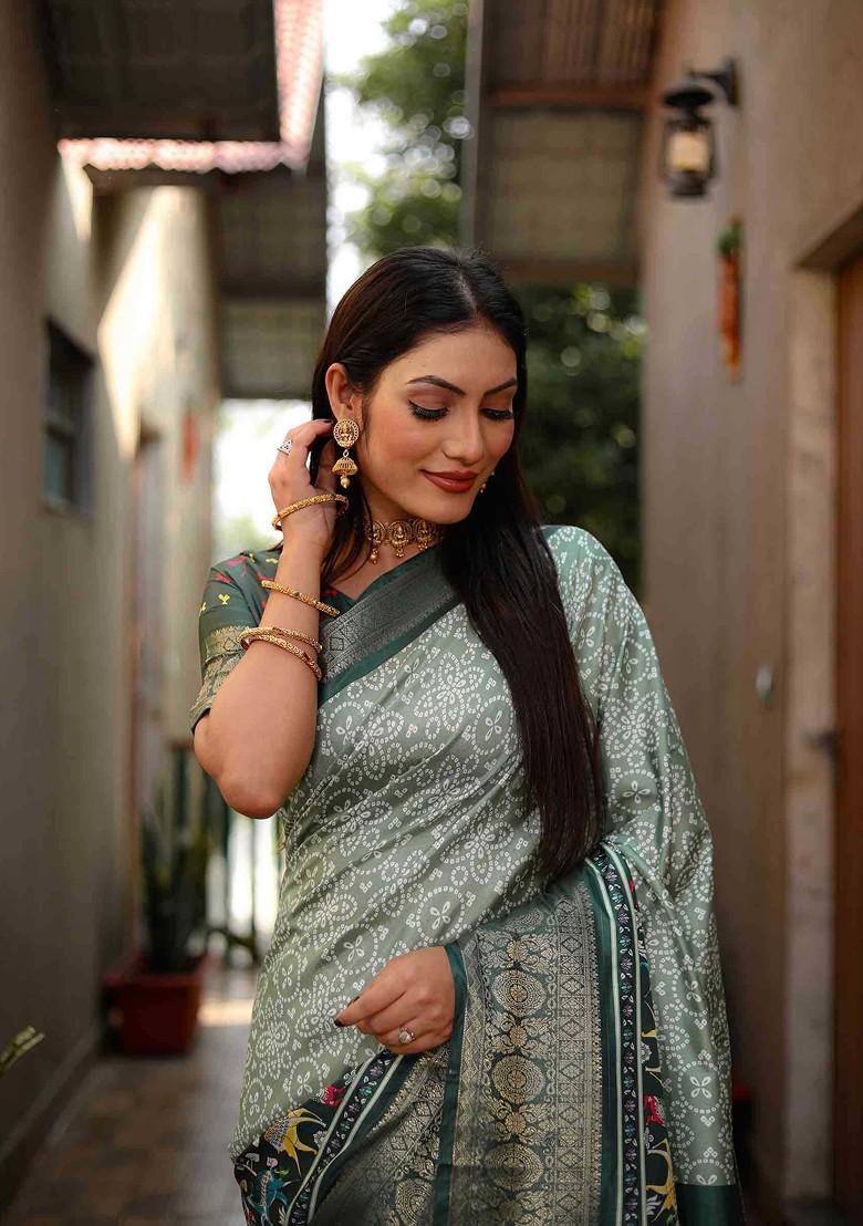 Green Abstract Print Art Silk Saree Set