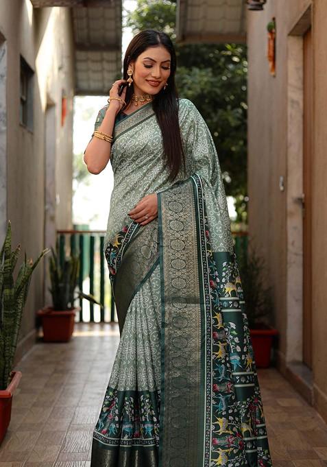 Green Abstract Print Art Silk Saree Set