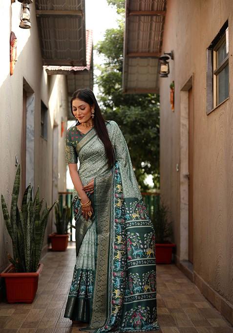 Green Abstract Print Art Silk Saree Set