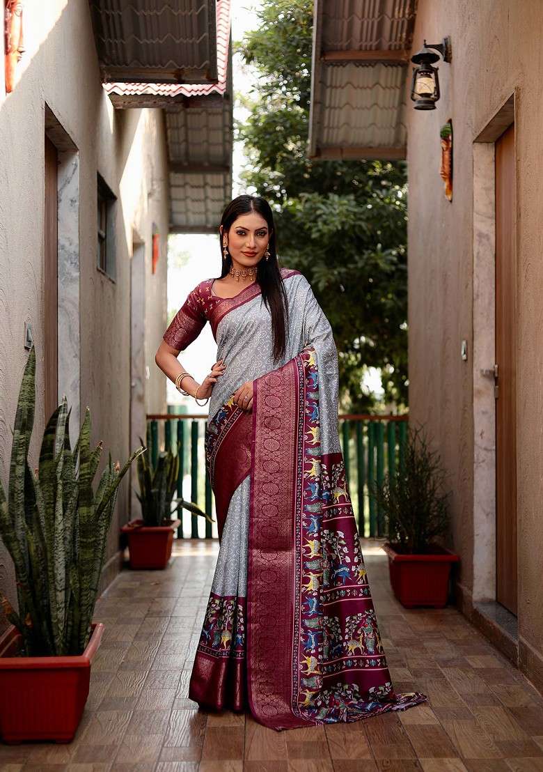 Grey Abstract Print Art Silk Saree Set - Indya