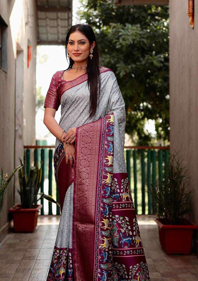 Grey Abstract Print Art Silk Saree Set - Indya