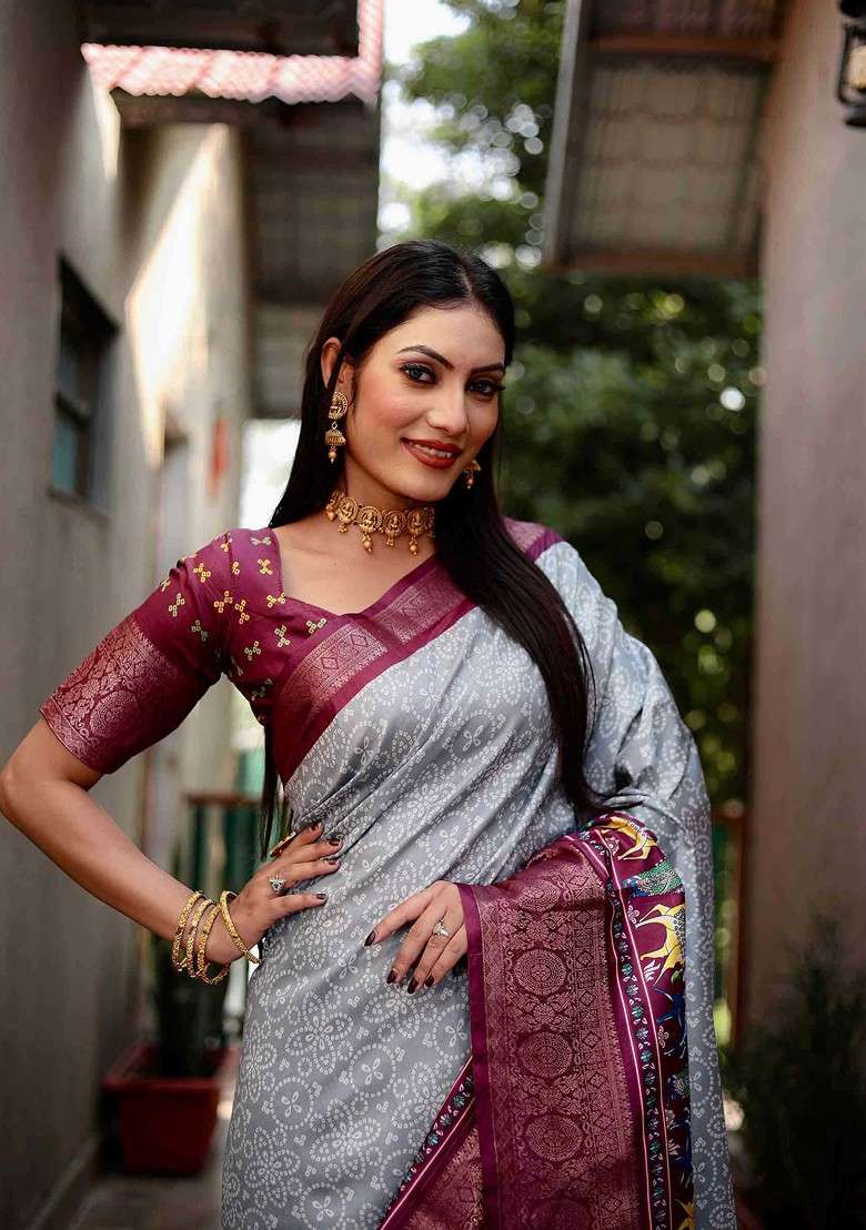 Grey Abstract Print Art Silk Saree Set - Indya