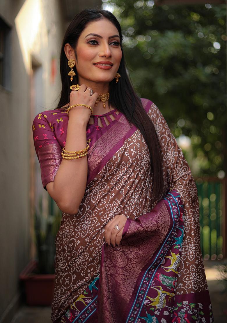 Brown Abstract Print Art Silk Saree Set - Indya