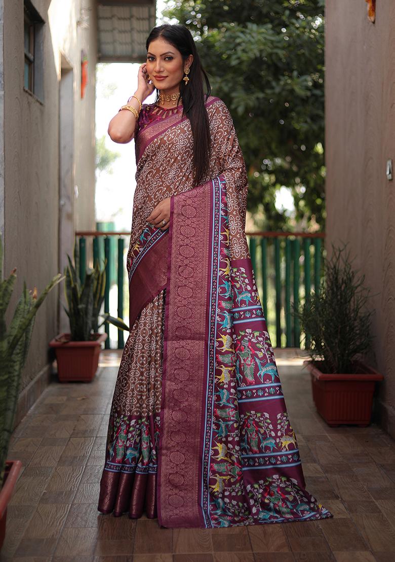 Brown Abstract Print Art Silk Saree Set