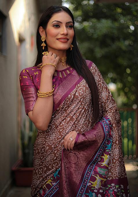 Brown Abstract Print Art Silk Saree Set