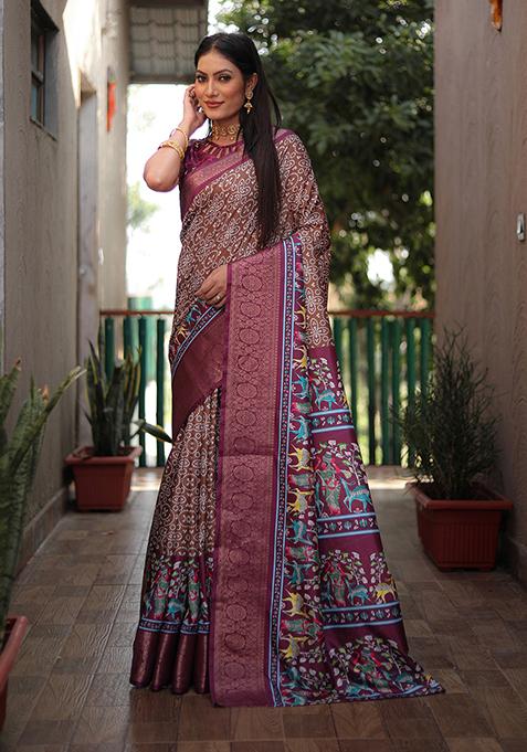 Brown Abstract Print Art Silk Saree Set