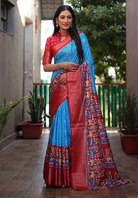 Blue Abstract Print Art Silk Saree Set