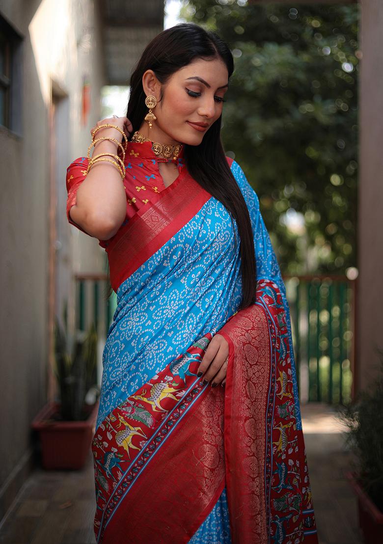 Blue Abstract Print Art Silk Saree Set - Indya