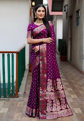 Purple Abstract Print Paithani Silk Saree Set