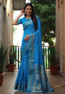 Blue Abstract Print Paithani Silk Saree Set