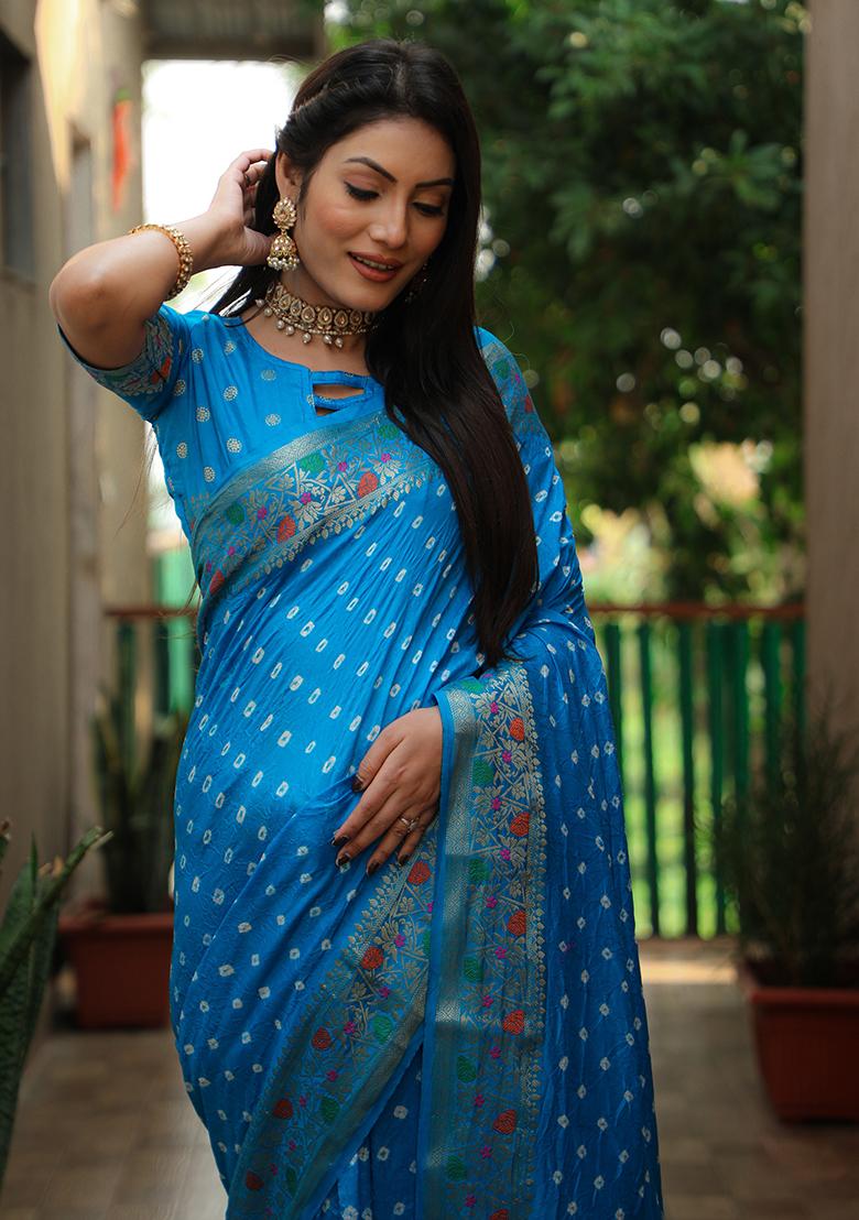 Blue Abstract Print Paithani Silk Saree Set - Indya
