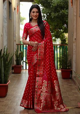 Maroon Abstract Print Paithani Silk Saree Set