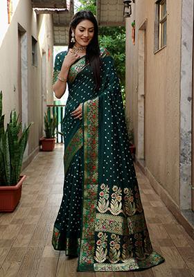 Green Abstract Print Paithani Silk Saree Set