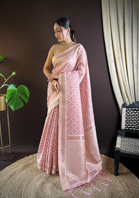 Pink Woven Khicha Silk Saree Set