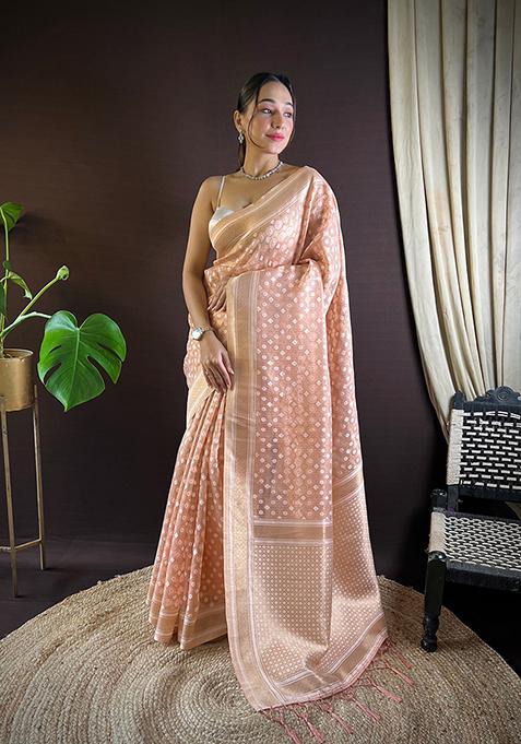 Peach Woven Khicha Silk Saree Set