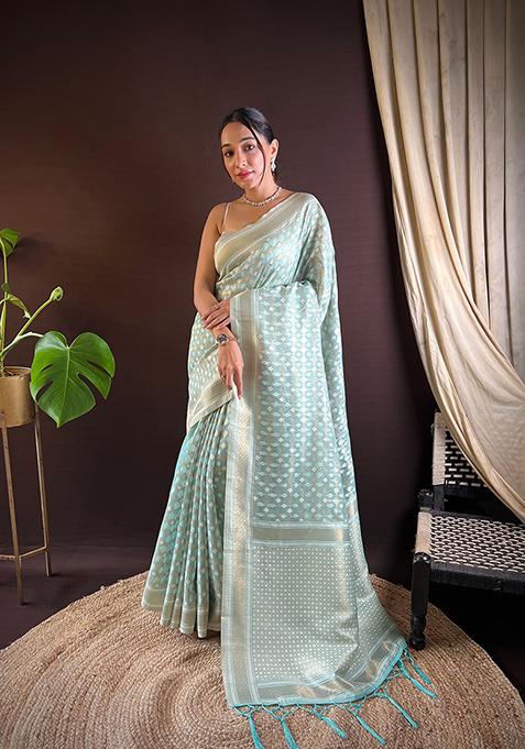 Pista Green Woven Khicha Silk Saree Set