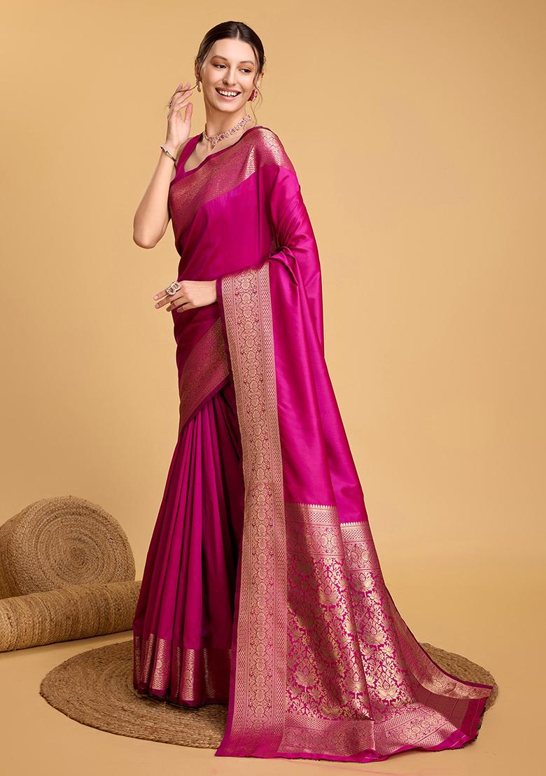 Pink Woven Banarasi Silk Saree Set