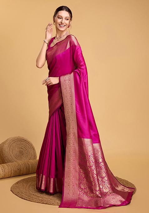 Pink Woven Banarasi Silk Saree Set