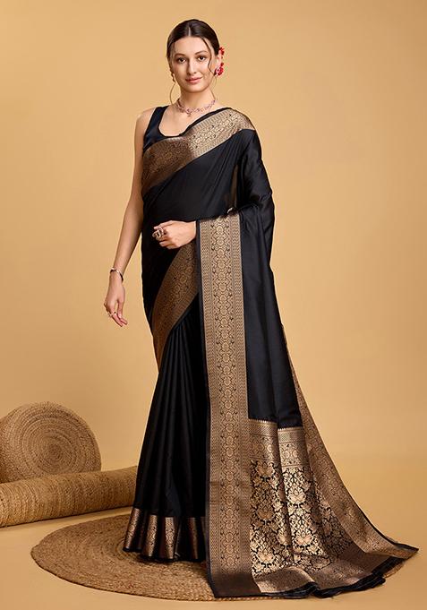 Black Woven Banarasi Silk Saree Set