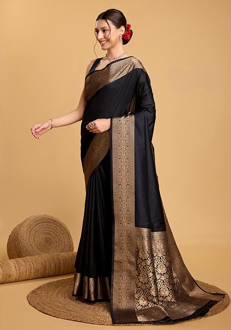 Black Woven Banarasi Silk Saree Set