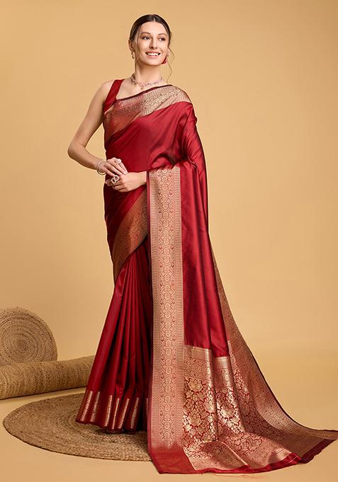 Red Woven Banarasi Silk Saree Set