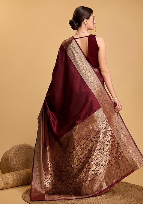 Maroon Woven Banarasi Silk Saree Set