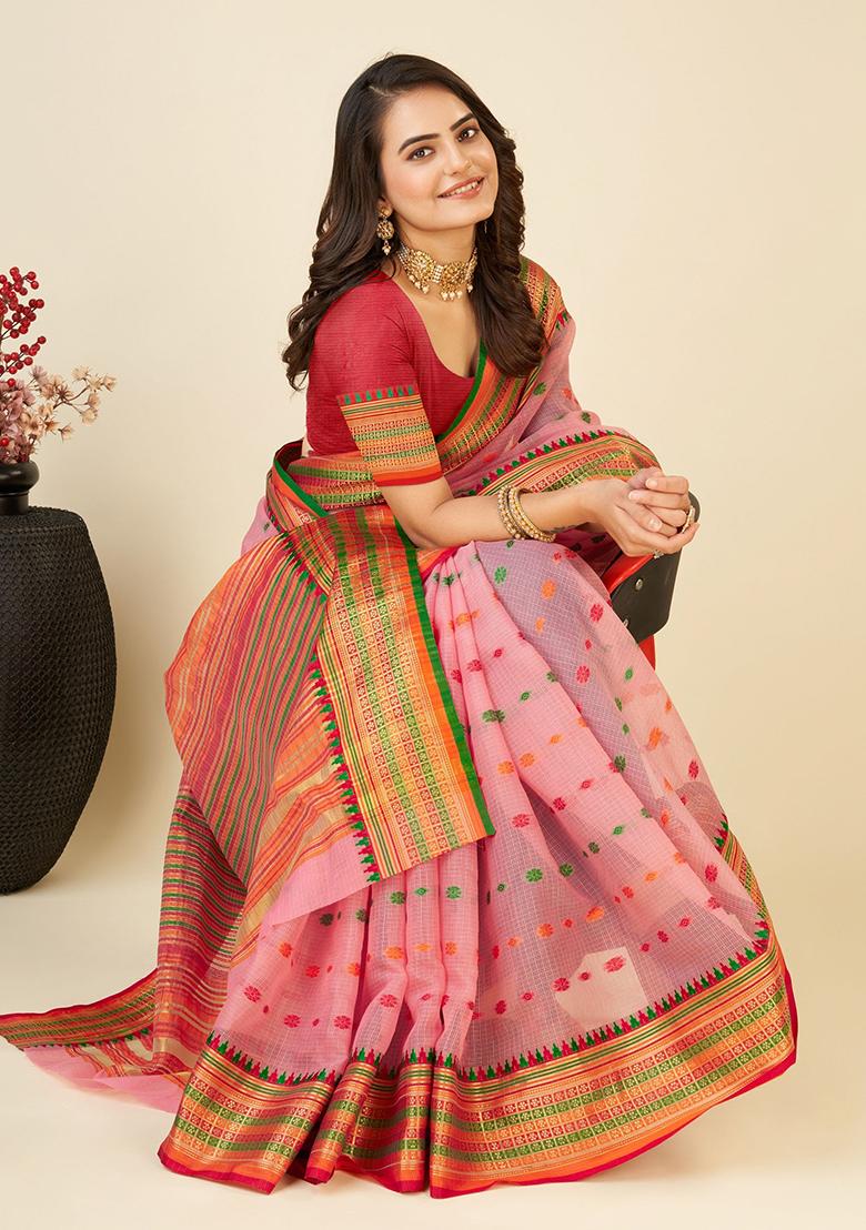 Pink Woven Soft Silk Saree Set